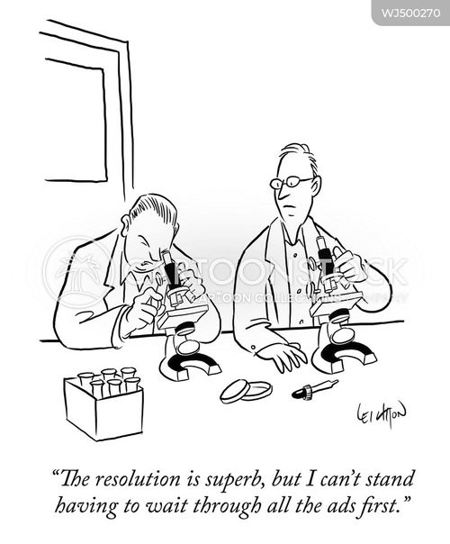 scientific research cartoon with ad and the caption "The resolution is superb, but I can't stand having to wait through all the ads first." by Robert Leighton