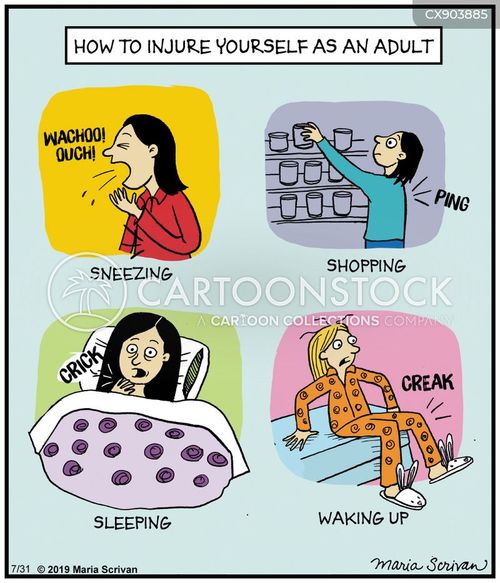 adult cartoon with adults and the caption How to injury yourself as an adult by Maria Scrivan
