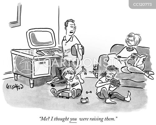 adult cartoon with adults and the caption "Me? I thought you were raising them." by Robert Leighton