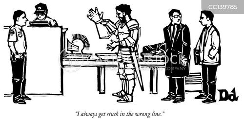 traveling cartoon with airport and the caption "I always get stuck in the wrong line." by Drew Dernavich