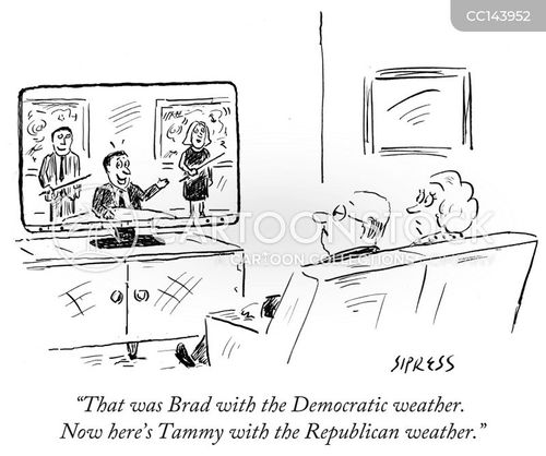 weather forecast cartoon with anchor desk and the caption "That was Brad with the Democratic weather. Now here's Tammy with the Republican weather." by David Sipress