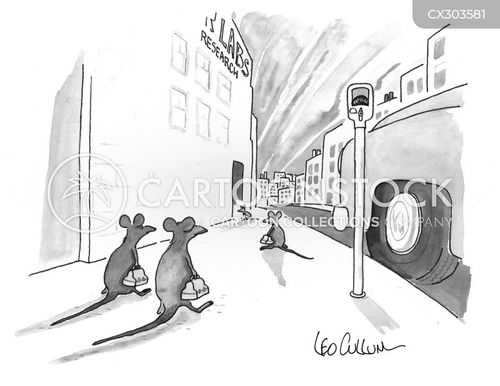 scientific research cartoon with animal and the caption Rats carrying lunchboxes enter a research lab as employees. by Leo Cullum