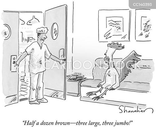 animal cartoon with animals and the caption "Half a dozen brown—three large, three jumbo!" by Danny Shanahan