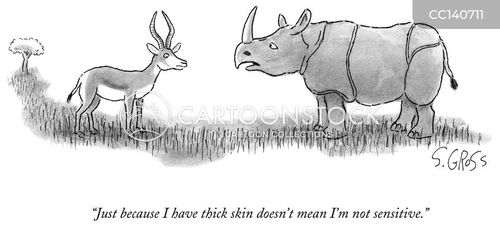 safari animals cartoon with animal and the caption "Just because I have thick skin doesn't mean I'm not sensitive." by Sam Gross