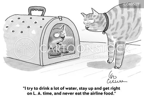 traveling cartoon with animal and the caption "I try to drink a lot of water, stay up and get right on L.A. time, and never eat the airline food." by Leo Cullum
