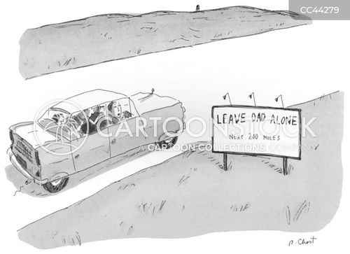 roadtrip cartoon with leave alone and the caption Leave Dad Alone- Next 200 Miles by Roz Chast