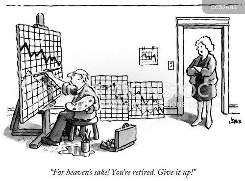 business presentation cartoon with artist and the caption "For heaven's sake! You're retired. Give it up!" by John Jonik