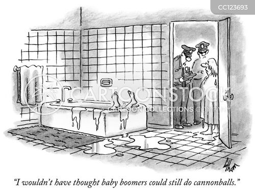 slip and fall cartoon with baby boomer and the caption "I wouldn't have thought baby boomers could still do cannonballs." by Frank Cotham