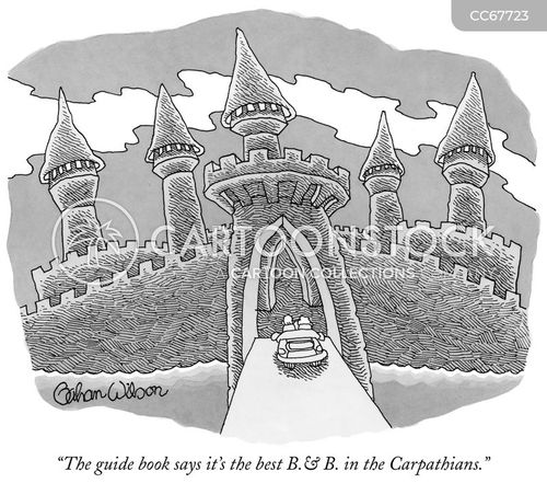travel guide cartoon with b&b and the caption "The guide book sys it's the best B.&B. in the Carpathians." by Gahan Wilson