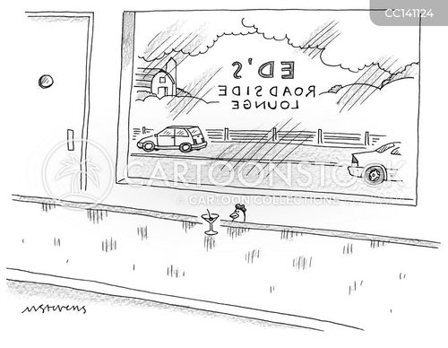 road cartoon with bar and the caption Why did the chicken cross the road? by Mick Stevens