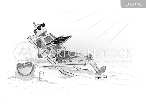 beach cartoon with beaches and the caption A robot tans himself in the sun while holding a solar panel so he can recharge. by Amy Kurzweil
