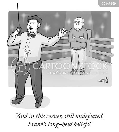 critical thinking cartoon with belief and the caption "And in this corner, still undefeated, Frank's long held beliefs!" by Ellis Rosen