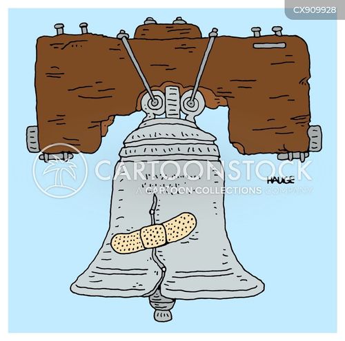tourism cartoon with bell and the caption Crack in Liberty Bell held together by a plaster. by Ron Hauge