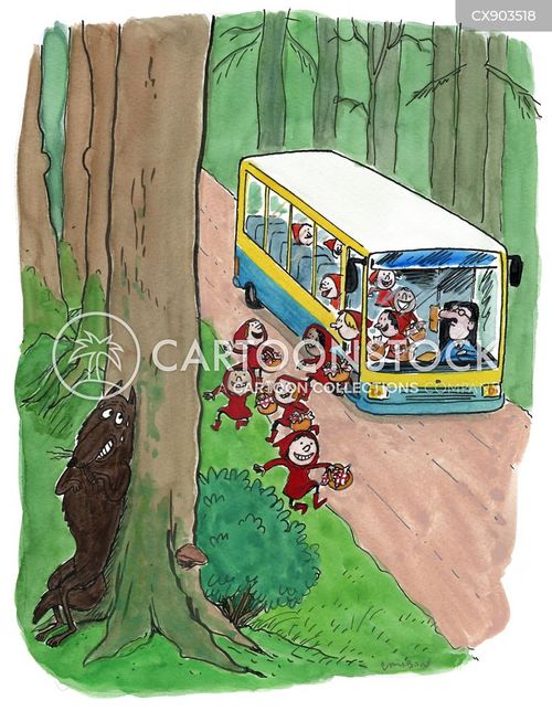 school trip cartoon with little red riding hood and the caption A group of Little Red Riding Hoods by Michel Cambon