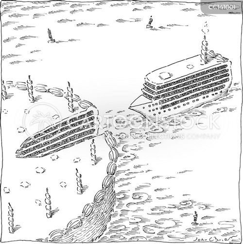 cruise ship cartoon with birthday and the caption A cruise ship parks as part of birthday cake. by John O'Brien