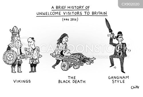 tourism cartoon with gangnam style and the caption A Brief History of Unwelcome Visitors To Britain by Tom Chitty