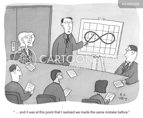 strategic planning cartoon with board and the caption ".... and it was at this point that I realized we made the same mistake as before."  by P. C. Vey