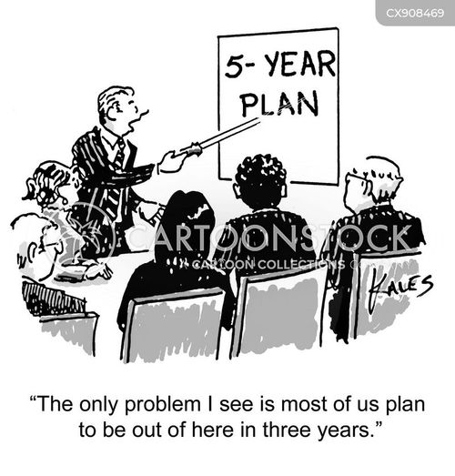 strategic planning cartoon with board and the caption "The only problem I see here is that most of us plan to be out of here in three years." by Paul Kales