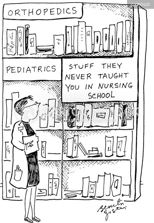 book cartoon with books and the caption Lady examines book genre 'Stuff they never taught you in nursing school.' by Benita Epstein