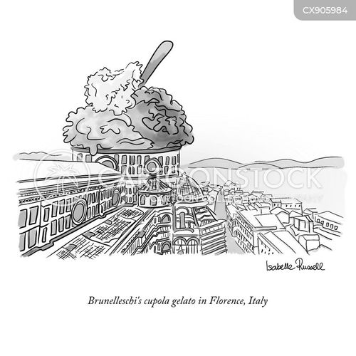 tourism cartoon with filippo brunelleschi and the caption "Brunelleschi's cupola gelato in Florence, Italy by Isabelle Russell