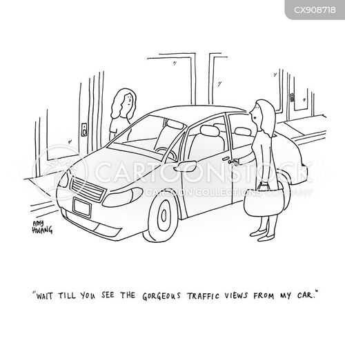 tourism cartoon with car and the caption "Wait till you see the gorgeous traffic views from my car." by Amy Hwang