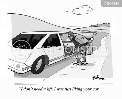 roadtrip cartoon with car and the caption "I don't need a lift, I was just liking your car." by Kaamran Hafeez