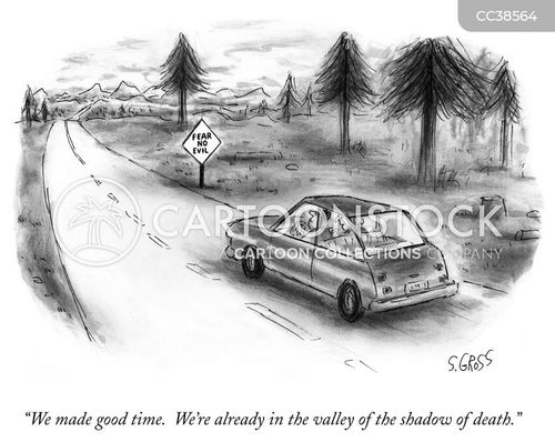 roadtrip cartoon with car and the caption "We made good time. We're already in the valley of the shadow of death." by Sam Gross