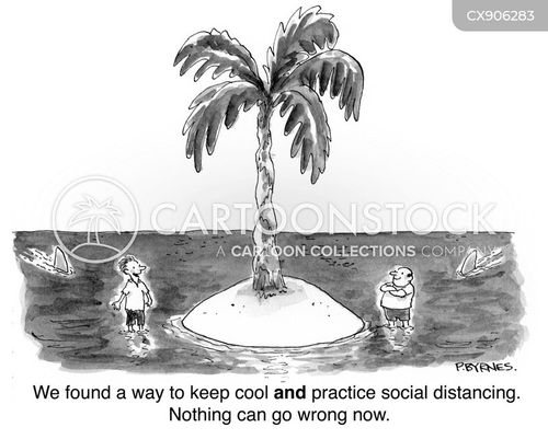 beach cartoon with social distancing and the caption "We found a way to keep cool AND practice social distancing. Nothing can go wrong now." by Pat Byrnes