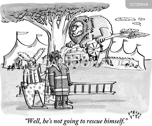 safari cartoon with cat stuck and the caption "Well, he's not going to rescue himself." by Farley Katz