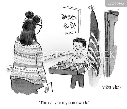 cat cartoon with cats and the caption "The cat ate my homework." by Pat Byrnes