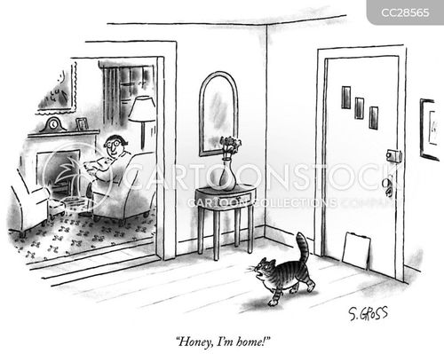 return home cartoon with animals and the caption "Honey, I'm home!" by Sam Gross