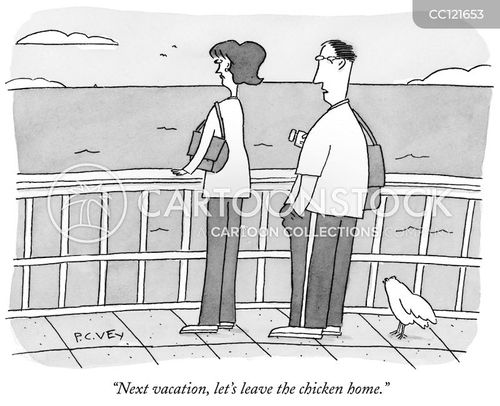 chicken cartoon with chickens and the caption "Next vacation, let's leave the chicken home." by P. C. Vey