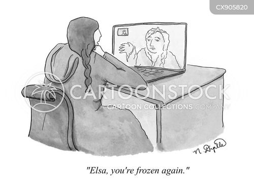 humor cartoon with frozen and the caption "Elsa, You're Frozen Again." by Natalie Dupille