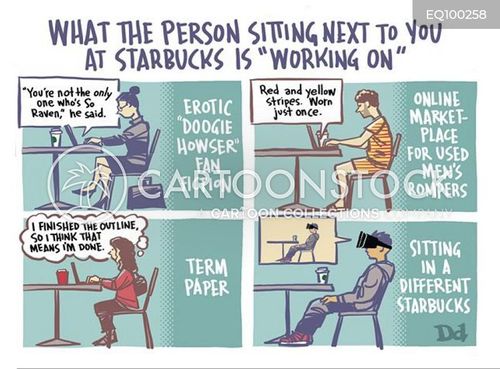 academic writing cartoon with coffee shop and the caption What the Person Sitting Next to You at Starbucks is 'Working On' by Drew Dernavich