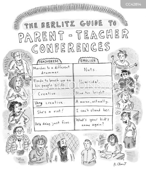 travel guide cartoon with problems and the caption The Berlitz Guide to Parent-Teacher Conferences by Roz Chast