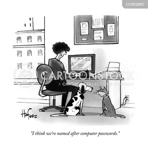humor cartoon with computer and the caption "I think we're named after computer passwords." by Kaamran Hafeez