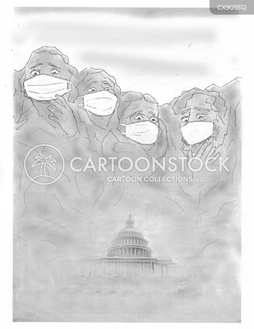tourism cartoon with covid-19 and the caption Mt. Rushmore with facemasks by Mort Gerberg