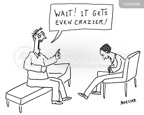 humor cartoon with counselor and the caption "Wait! It gets even crazier!" by P. S. Mueller