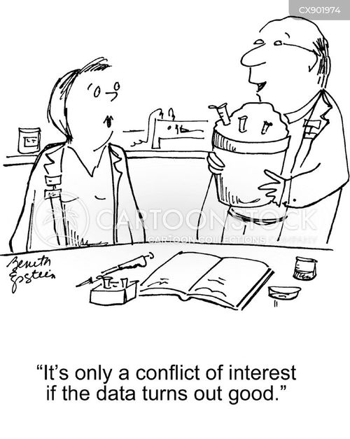 scientific research cartoon with conflict of interest and the caption "It's only a conflict of interest if the data turns out good." by Benita Epstein