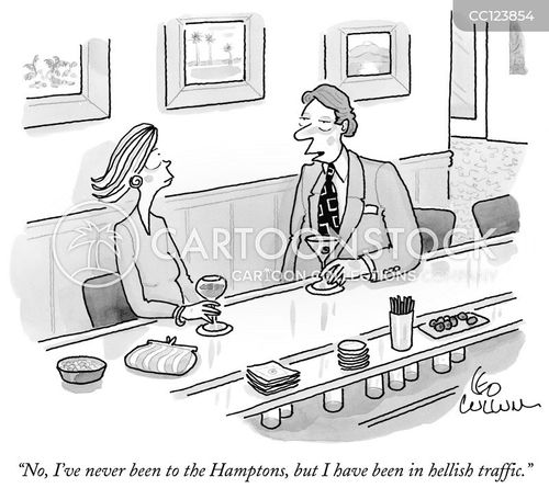 beach vacation cartoon with date and the caption "No, I've never been to the Hamptons, but I have been in hellish traffic." by Leo Cullum