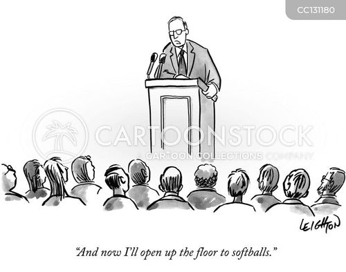 political science cartoon with debate and the caption "And now I'll open up the floor to softballs." by Robert Leighton