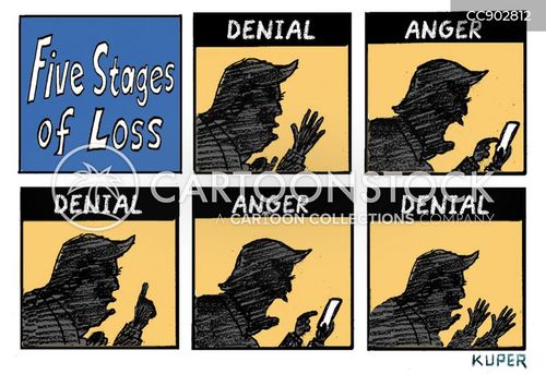political science cartoon with denial and the caption Five Stages of Loss by Peter Kuper