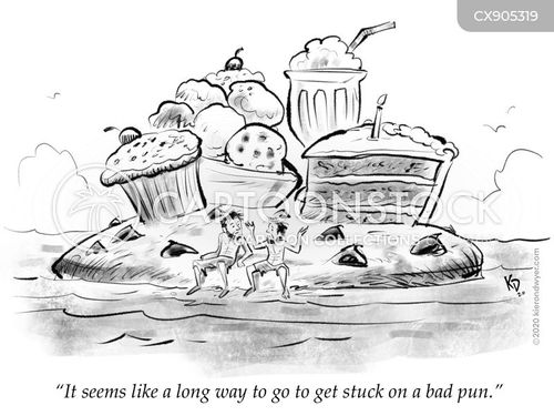 humor cartoon with desert island and the caption "It seems like a long way to go to get stuck on a bad pun." by Kieron Dwyer