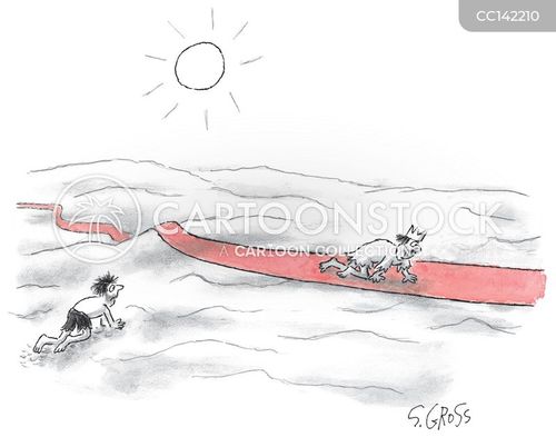 pathway cartoon with desert and the caption A man stranded in the desert watches a king crawl by on a red carpet by Sam Gross
