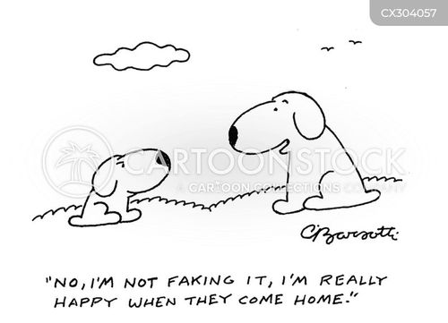 return home cartoon with dog and the caption "No, I'm not faking it, I'm really happy when they come home." by Charles Barsotti
