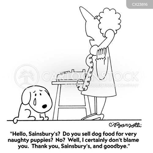 feeling guilty cartoon with dog and the caption "Hello, Sainsbury's? Do you sell dog food for very naughty puppies? No? Well, I certainly don't blame you. Thank you, Sainsbury's, and goodbye." by Charles Barsotti