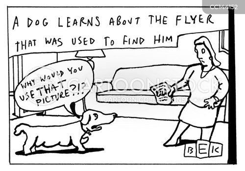 dog cartoon with dogs and the caption 'A dog learns about the flyer that was used to find him.' by Bruce Kaplan