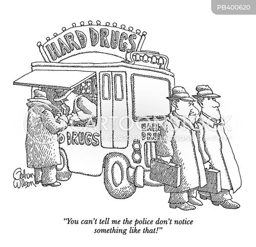 drug dealer cartoon with drug dealers and the caption "You can't tell me the police don't notice something like that!" by Gahan Wilson