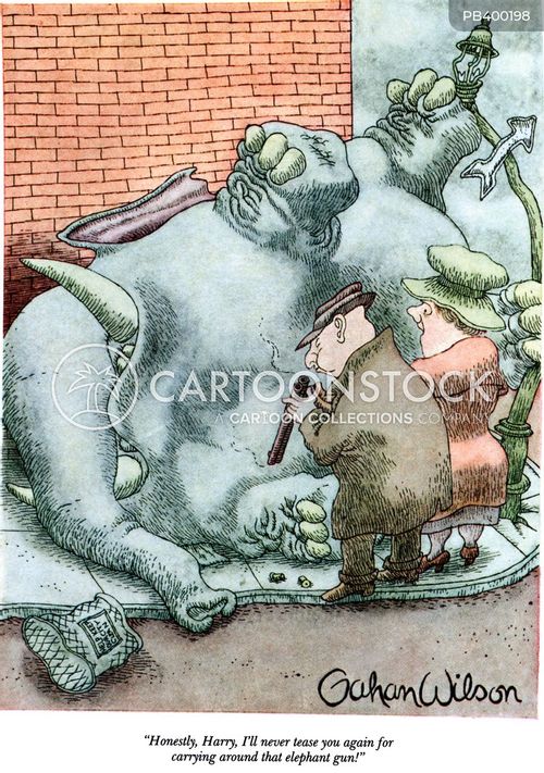safari cartoon with elephant and the caption "Honestly, Harry, I'll never tease you again for carrying around that elephant gun!" by Gahan Wilson