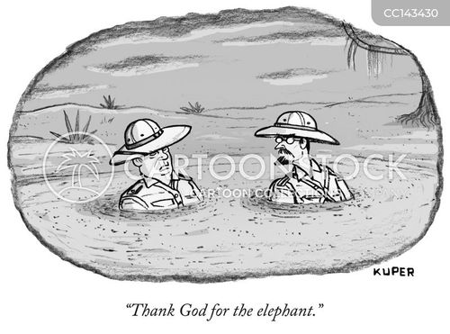 safari cartoon with elephant and the caption "Thank God for the elephant." by Peter Kuper